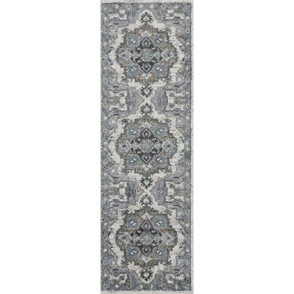 Amer Rugs Alexandria 2 ft.   x  6 ft.  Ivory/Stone Gray Medallion Pattern Runner Rug for High Traffic Entryway Kitchen Hallway