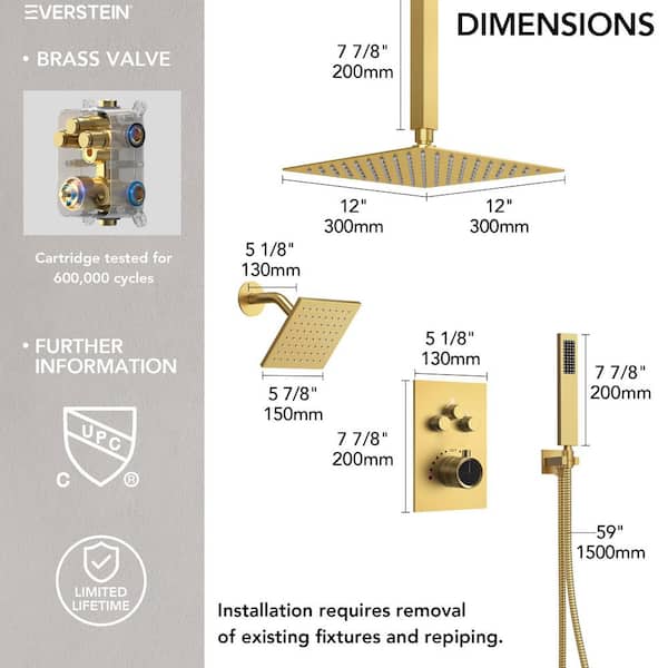 EVERSTEIN 7-Spray Patterns Thermostatic 12 in., 6 in. Ceiling