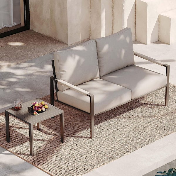 AURA OUTDOOR Gray Metal Outdoor Patio Loveseat with 2-Pieces Warm Grey Cushions