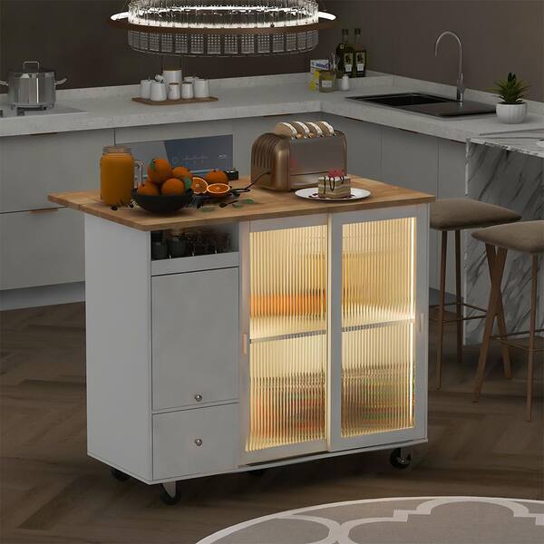 White Kitchen Island Cart with Drop Leaf, Kitchen Cart with LED Light and Storage Cabinet, Changeable Wheels or Feet