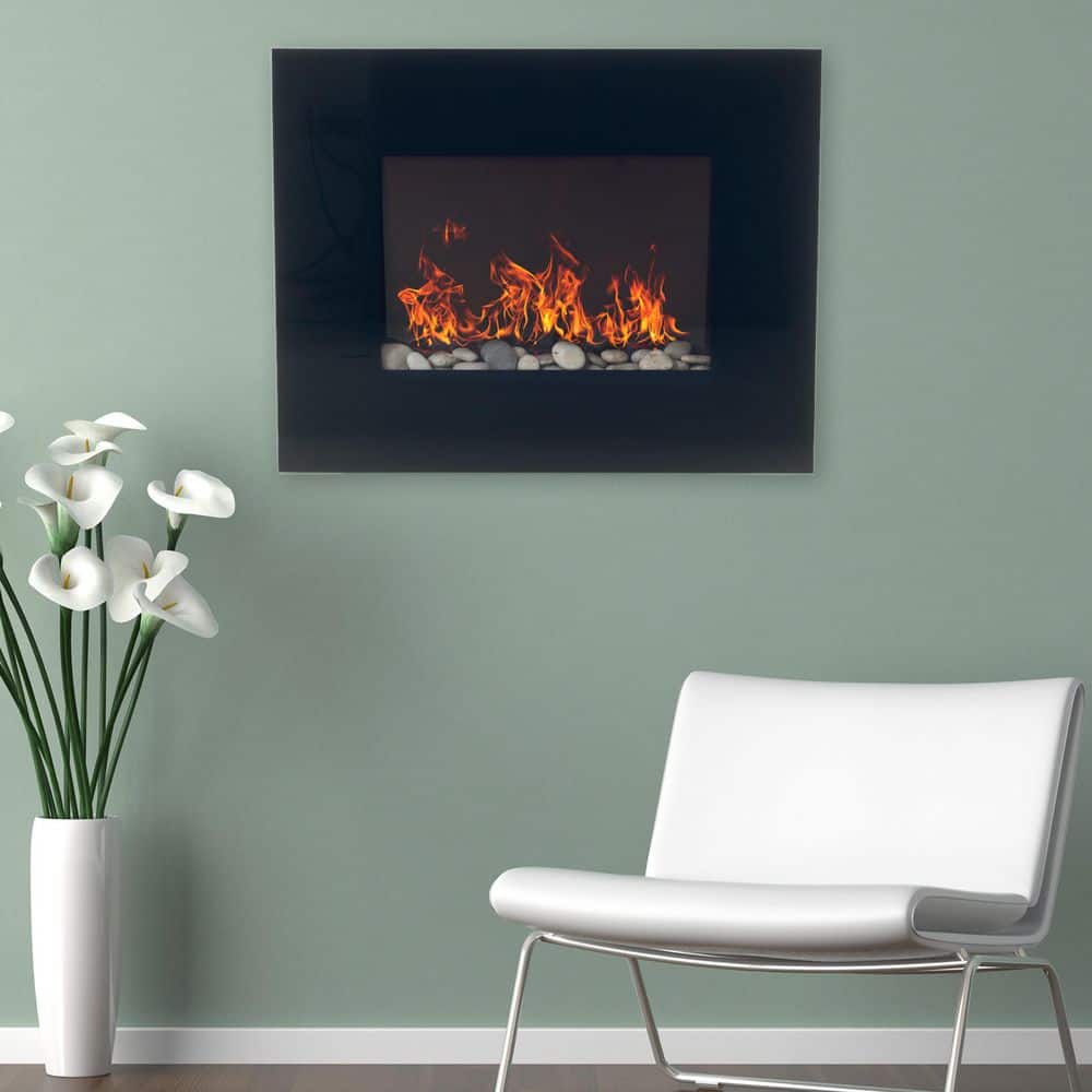 Black Curved Glass Wall Mount Electric Fireplace with Remote