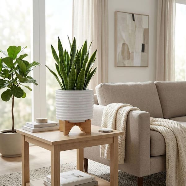 White Ceramic Textured Planter (8 in. W x 10 in. H) with Wood Stand