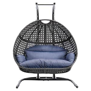 6.42ft. Outdoor Freestanding Black Wicker Swing Double Seat Hammock Chair With Double C-brackets And Cushion