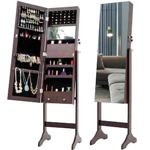 Brown Standing Mirror with Jewelry Storage Jewelry Armoire Cabinet with LED Lights 61.0 in. x 15.8 in. x 14.4 in.