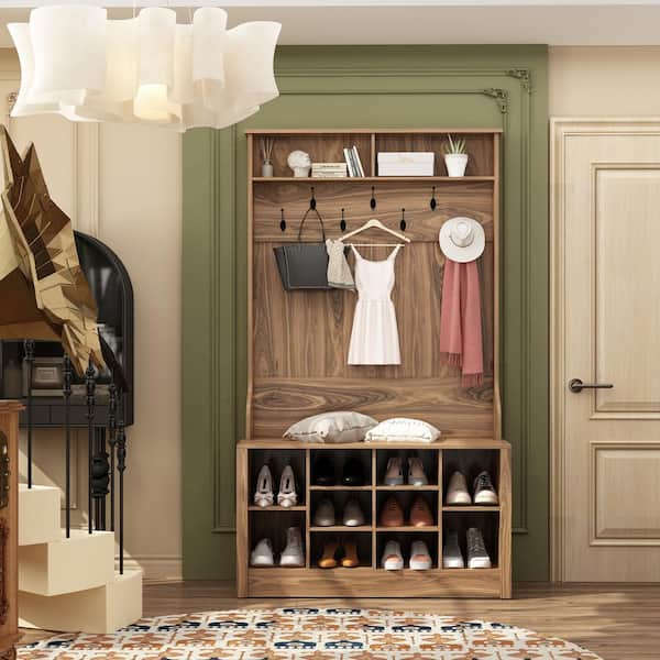 FUFU&GAGA 68.5 in. H Brown Wood 3-in-1 Freestanding Coat Rack Shoe Storage with 7-Metal Double Hooks and Bench