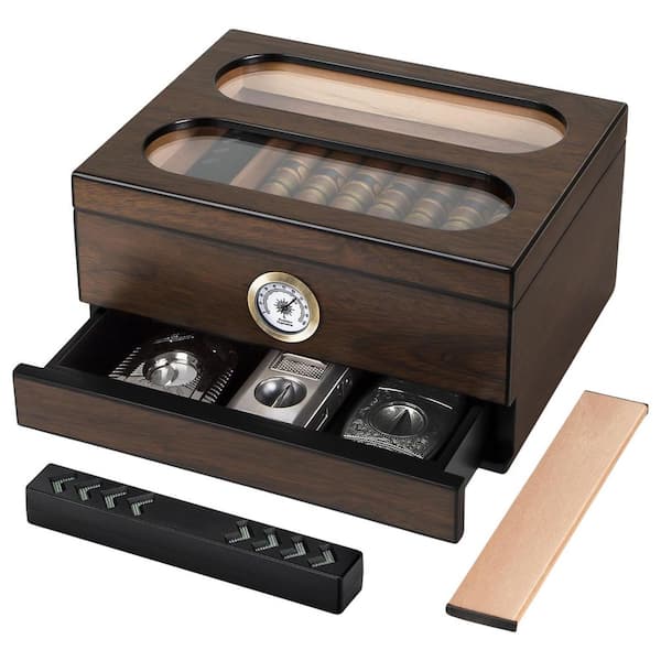 10.19in. W x 5.75in. H Spanish Cedar Wood Cigar Humidor with Tempered Glass Top, Hygrometer and Accessory Drawers