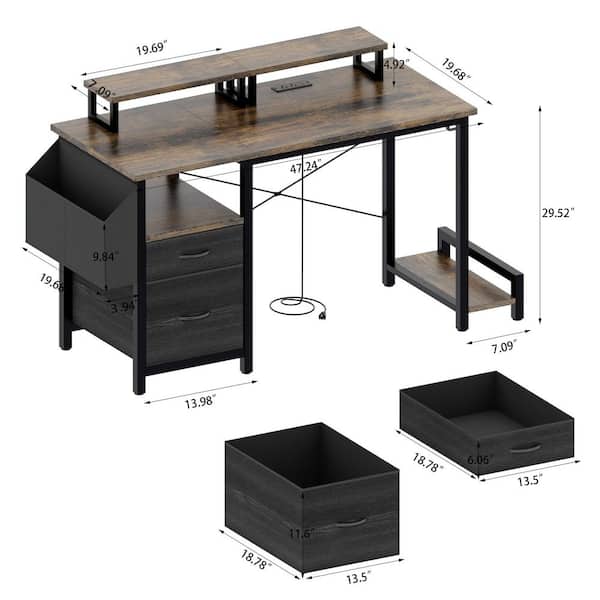 47 in. Rectangular Office Computer Desk with Power Outlet, 2 Monitor Stands and USB Ports in Brown