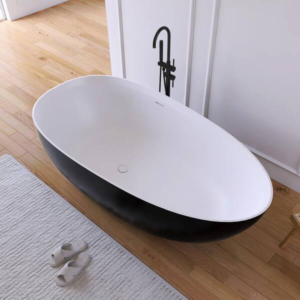 Luna 71 in. x 35 in. Stone Resin Solid Surface Flatbottom Freestanding Soaking Bathtub in White Inside and Black Outside