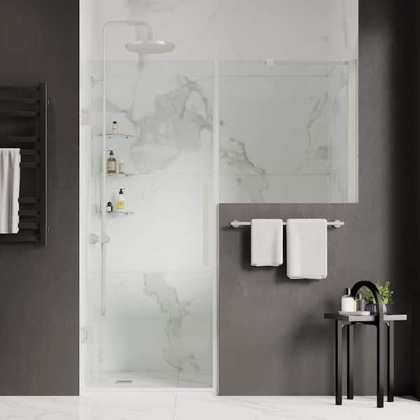 OVE Decors Tampa-Pro 61 1/8 in. W x in. H Pivot Frameless Shower Door in SN with Buttress Panel and Shelves