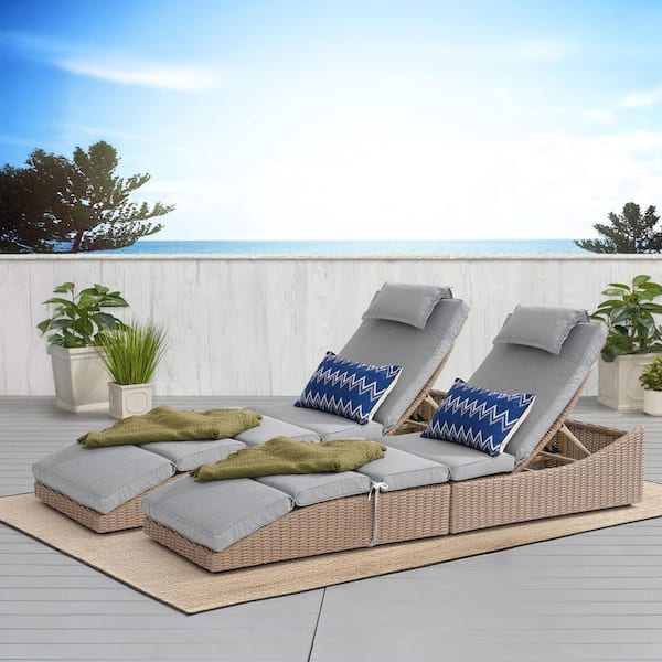 Freestyle 2 Pieces Natural Wicker Outdoor Folding Adjustable Lounge Chairs with Grey Cushion