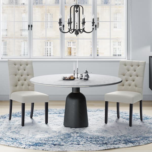 NINA Button Tufted Back Beige Linen Upholstered Dining Side Chair (Set of 2)