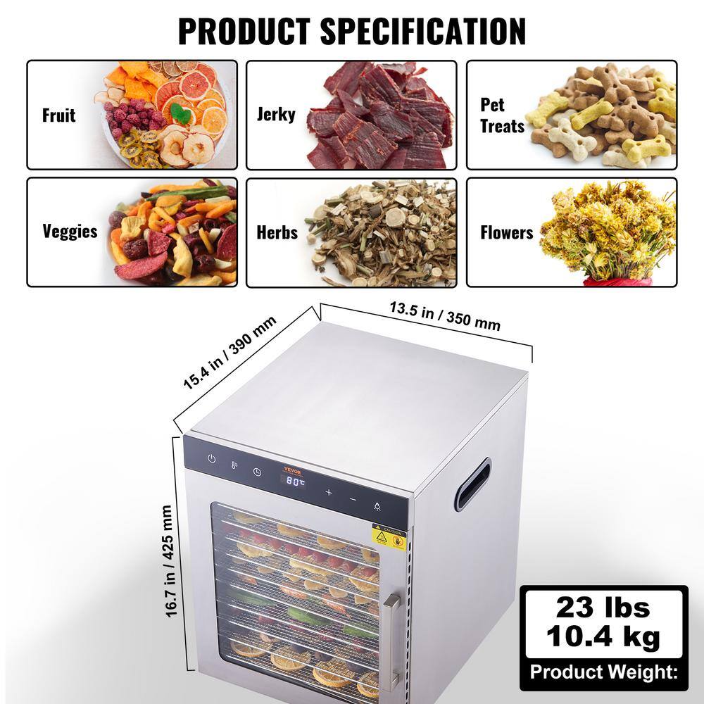 Stainless Steel 10-Tray Food Dehydrator with Adjustable Thermostat