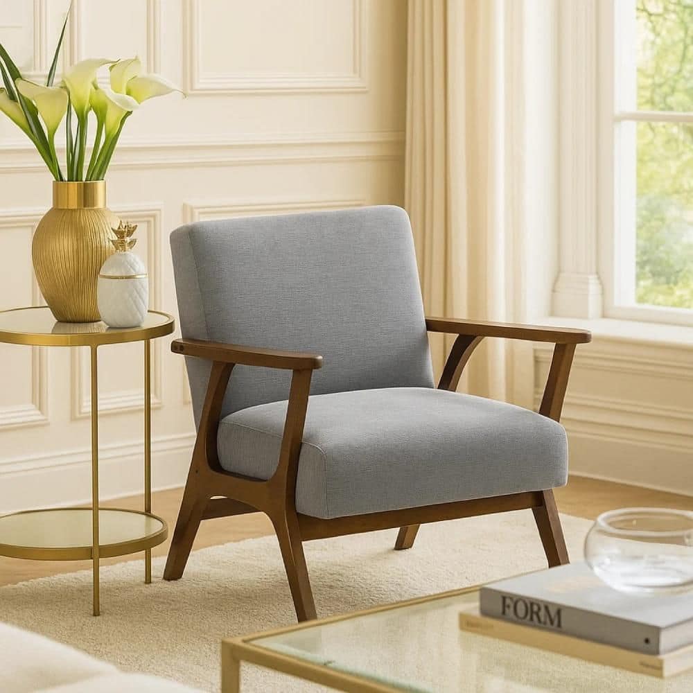 Benjara Ary Gray, Chestnut Brown Fabric Arm Chair with Grey