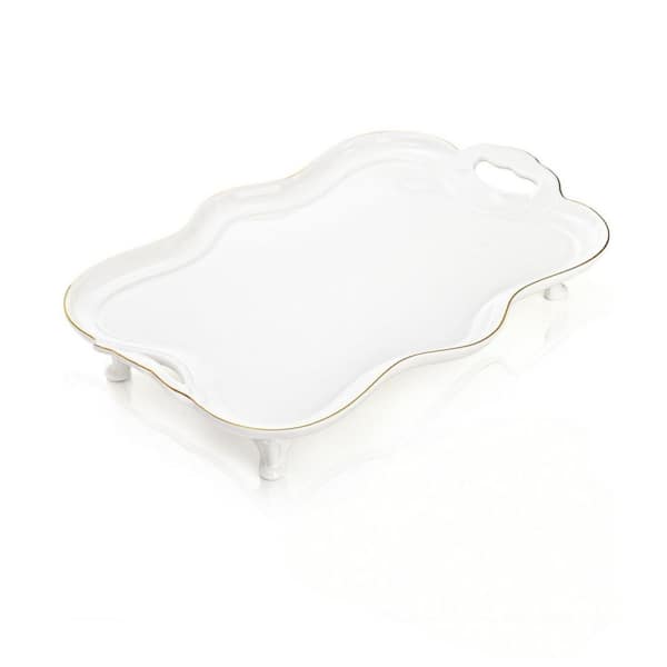 White 16 in. Rectangular Ceramic Large Decorative Serving Tray with Handles, Gold Rim and Non Slip Feet