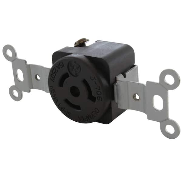 NEMA L6-15R 15 Amp 250-Volt Single Flush Mount Locking Industrial Grade Outlet in Black