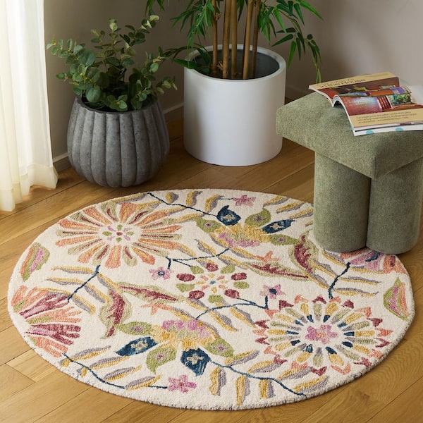 Jardin 4 ft. x 4 ft. Ivory/Green Floral Round Rug