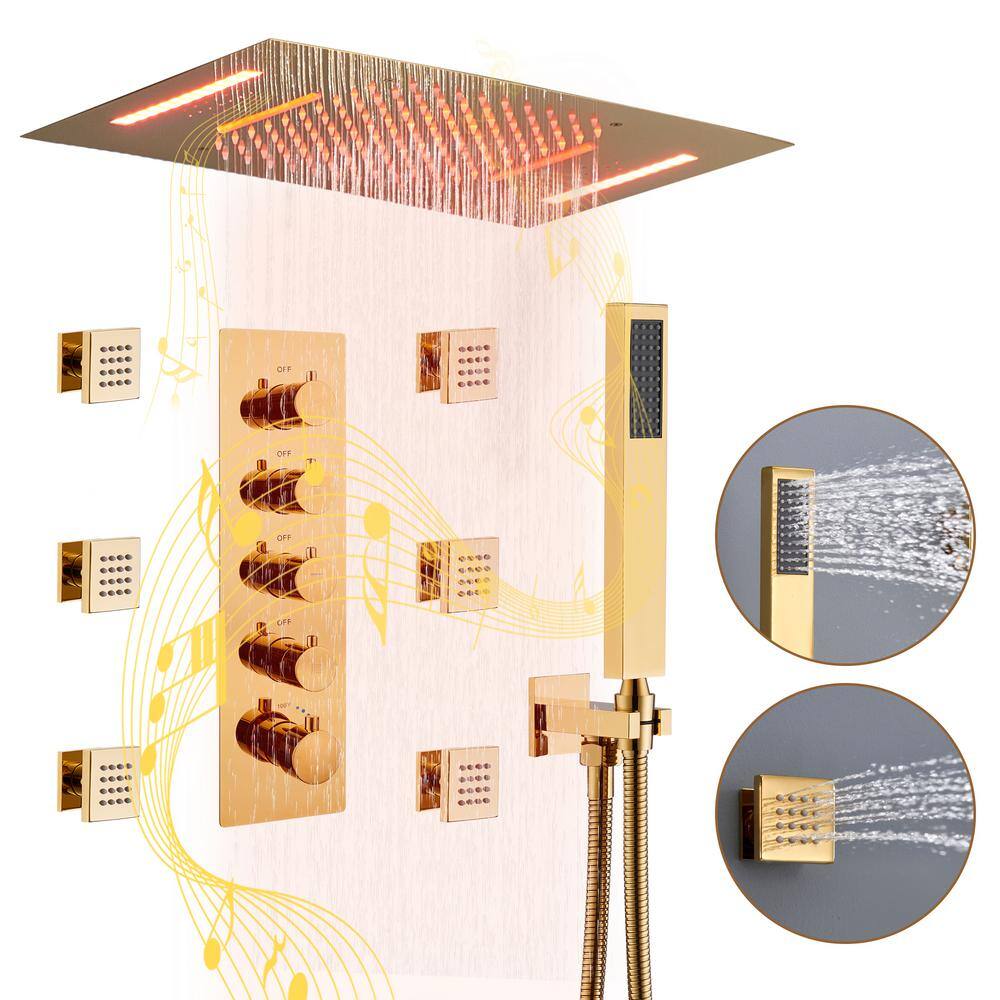 Brushed Gold Large Dual Rectangle Ceiling Mounted Shower System with LED and Bluetooth