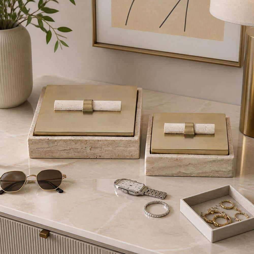 Gold/Tan 9.75 in. x 3.15 in. and 8 in. x 3.15 in. Travertine Stone Decorative Box Set of 2