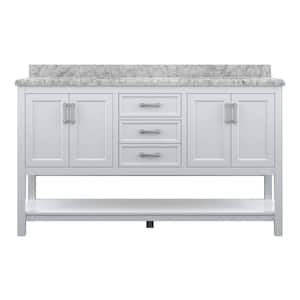 Affinity 61 in. Modern Bathroom Vanity in White with Carrara White Marble Top