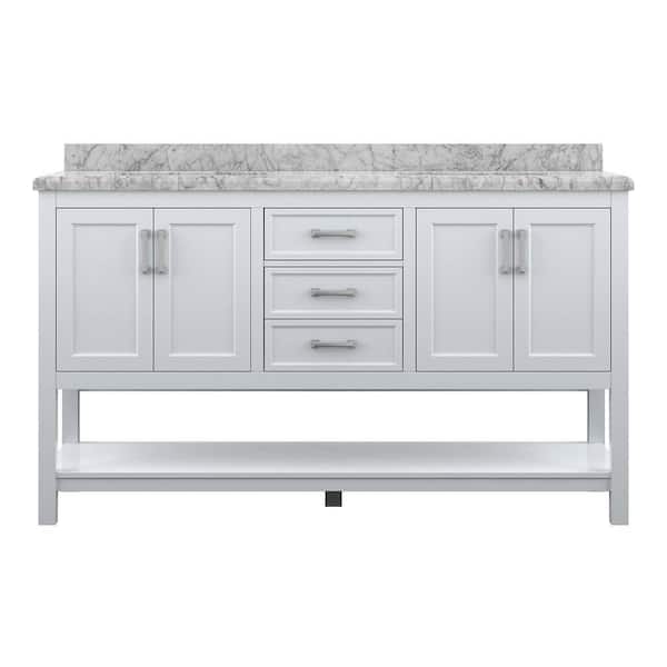 Design Element Affinity 61 in. Modern Bathroom Vanity in White with Carrara White Marble Top