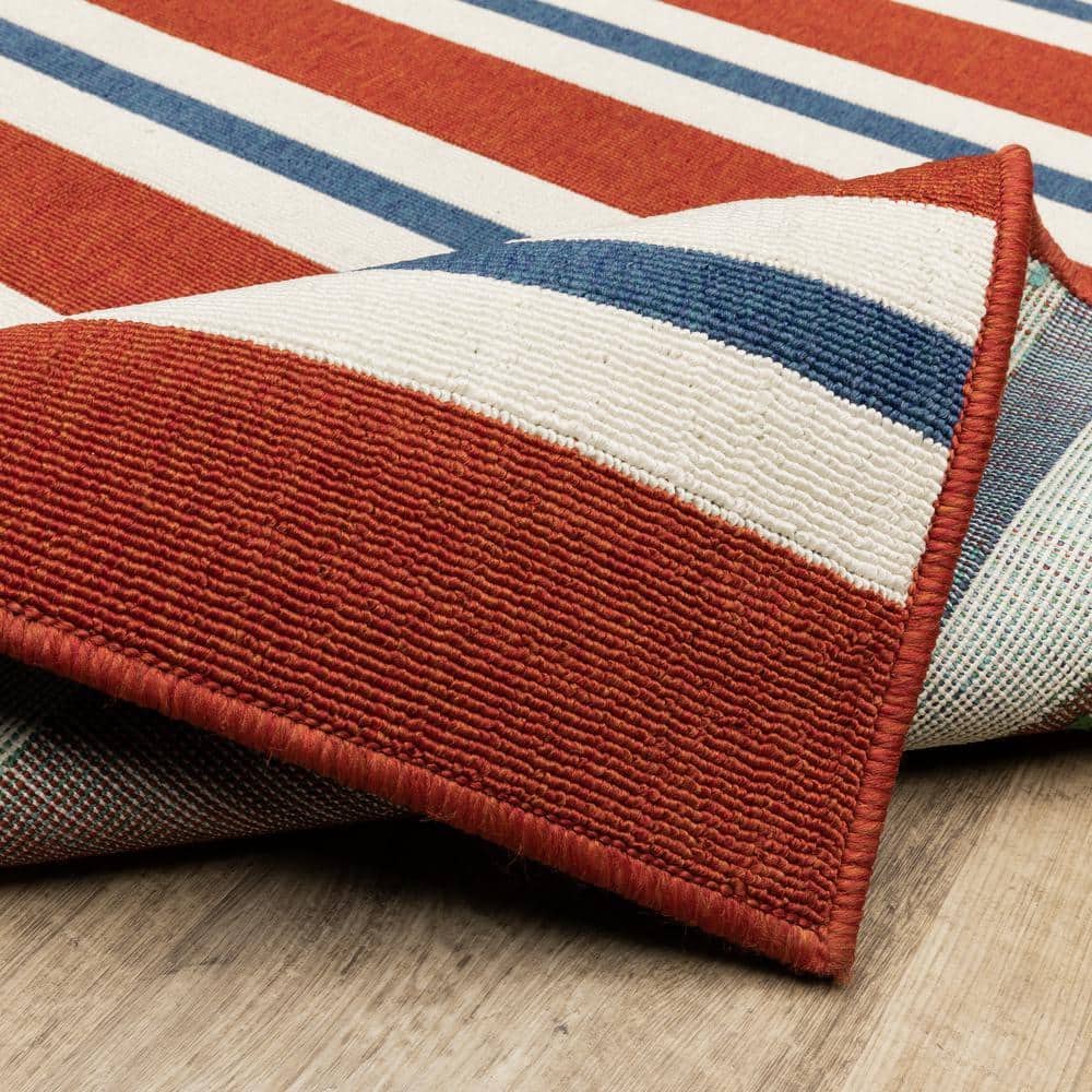Red and White Striped Polypropylene Outdoor Rug, 7'10" x 10'10"