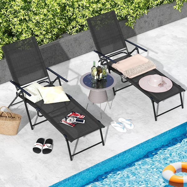 ANGELES HOME 2 Piece Metal Patio Folding Outdoor Chaise Lounge Chairs Recliner with 6-Level Backrest-Black