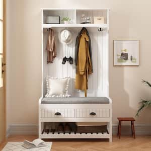 68.5 in. White Wood 3-in-1 Coat Rack with 4-Metal Hooks and 2-Drawers, Storage Bench