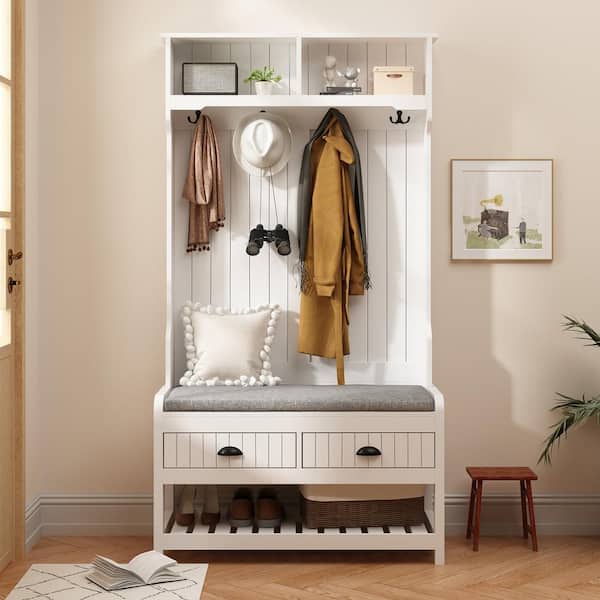 68.5 in. White Wood 3-in-1 Coat Rack with 4-Metal Hooks and 2-Drawers, Storage Bench