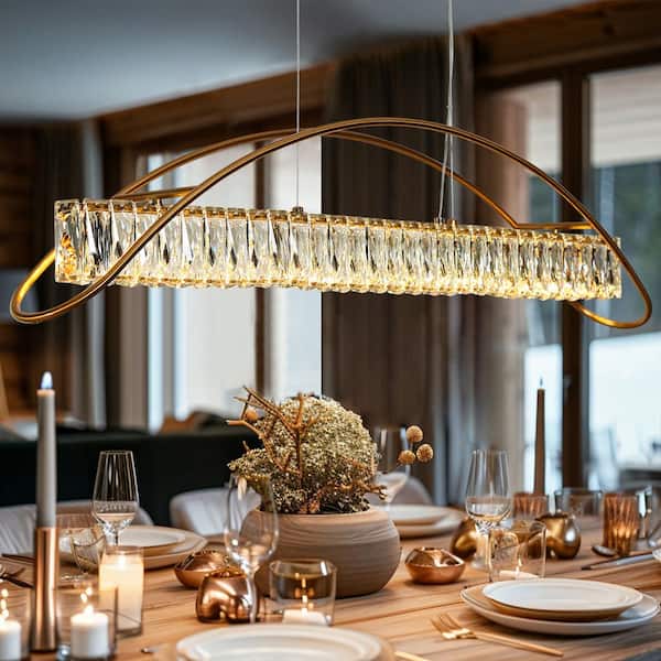 LNC Cardoon 39.4 in. 1-Light Integrated LED Plated Brass Linear Chandelier with Crystal Accents Island Pendant Light