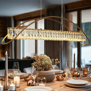 Cardoon 39.4 in. 1-Light Integrated LED Plated Brass Linear Chandelier with Crystal Accents Island Pendant Light