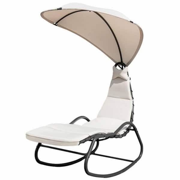 WELLFOR Metal Outdoor Chaise Lounge with Removable Beige Cushions, Headrest and Canopy