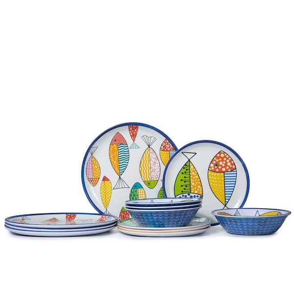 12-Piece Blue Melamine Dinnerware Set (Service for 4), Indoors Outdoors Use with Ocean Printed, Unbreakable