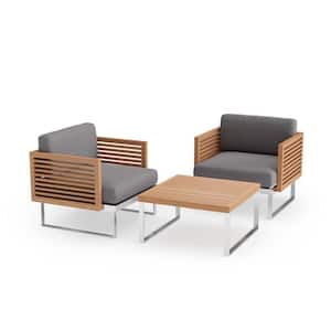Monterey 3 Piece Stainless Steel Teak Outdoor Patio Conversation Set with Cast Slate Cushions and Coffee Table