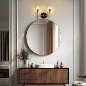 13 in. 2-Light Transitional Black and Brass Bathroom Vanity Light with Textured Glass Shades