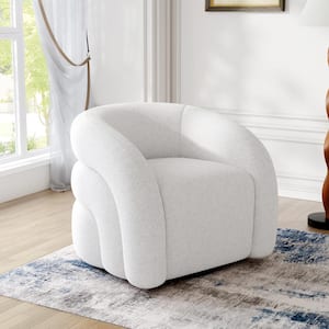 White Boucle Polyester Fabric 360° Swivel Accent Barrel Armchair with Metal Base (Set of 1)