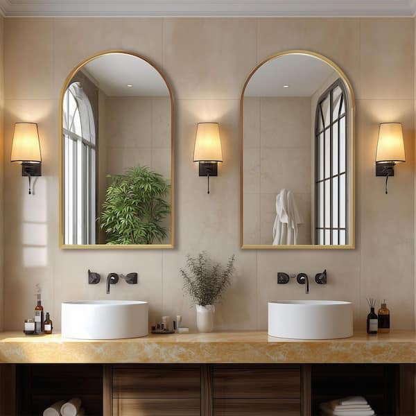 24 in. W x 36 in. H Arched Framed Wall Bathroom Vanity Mirror in Gold with Metal Frame