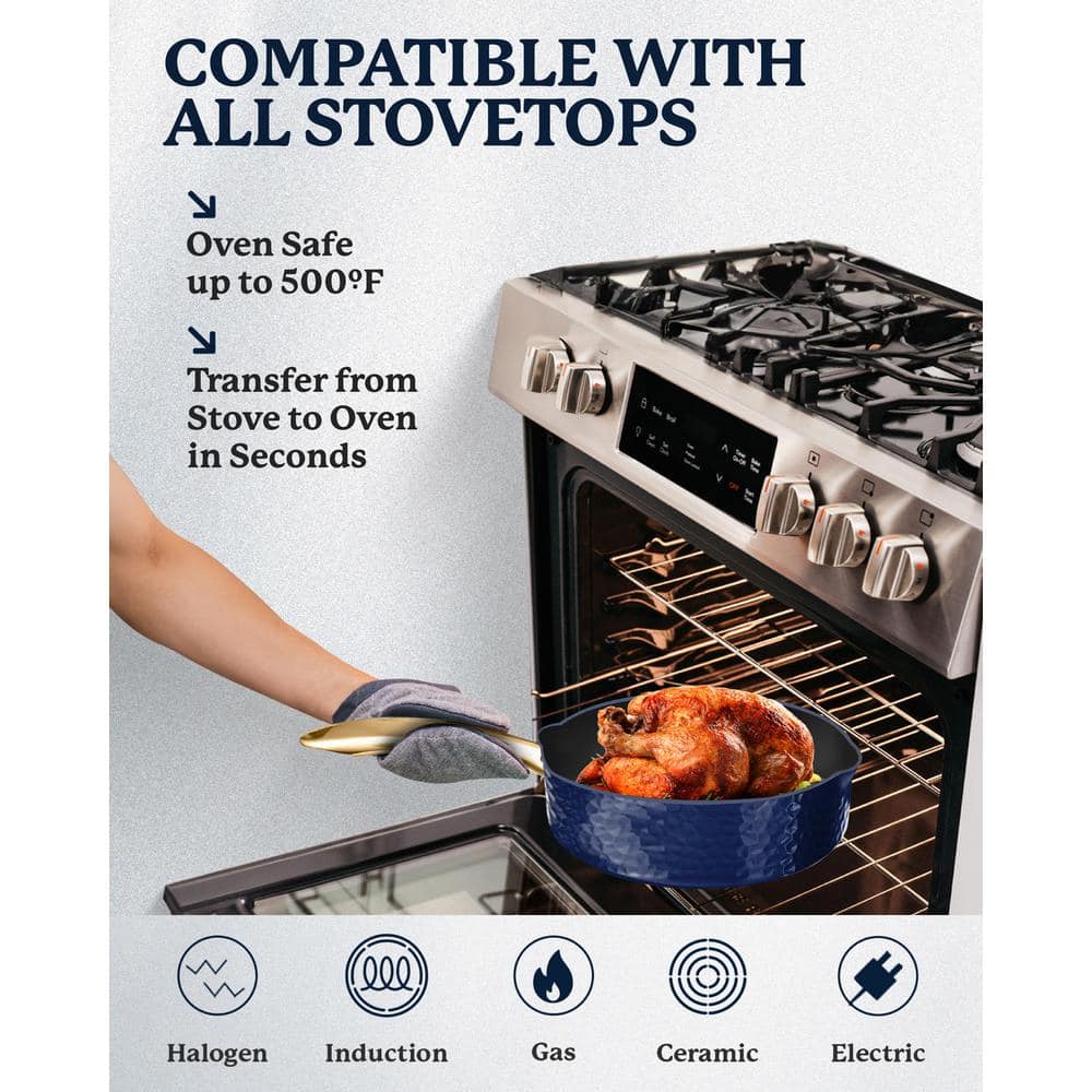 Navy and Gold Nonstick Aluminum Sauté Pan with Lid