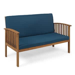 Brown Patina Wood Outdoor Loveseat with Dark Teal Cushions for Porch, Garden and Backyard