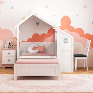 White Twin House Bed with Desk and Chair with 2-Drawers Windmill Fence and Headboard for Teens
