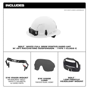 BOLT White Type 1 Class C Full Brim Vented Hard Hat with 4-Point Ratcheting Suspension with Tinted Dual Coat Eye Lense