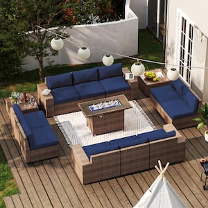 13-Piece Outdoor Fire Pit Patio Set, Patio Sectional Set with Fire Pit Table, Coffee Table, Blue Cushions, Set Covers