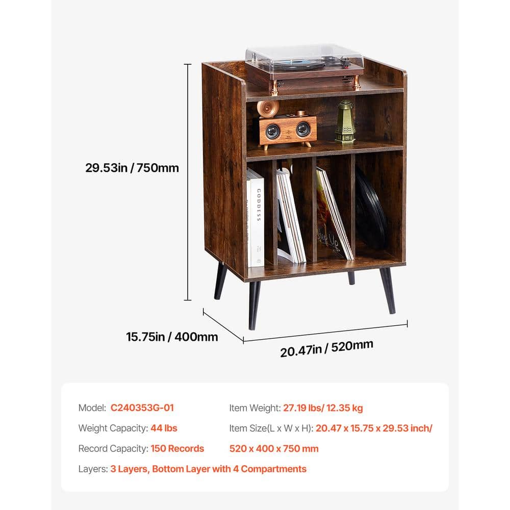 Brown Wood 3-Tier Record Player Stand with LED Light and USB Ports
