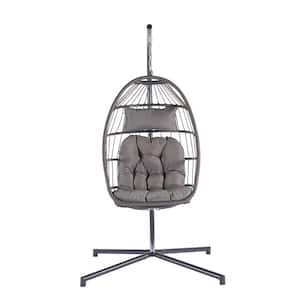 Dark Gray Wicker Patio Swing Outdoor Swing Egg Chair Lounge Chair with Light Gray Cushion
