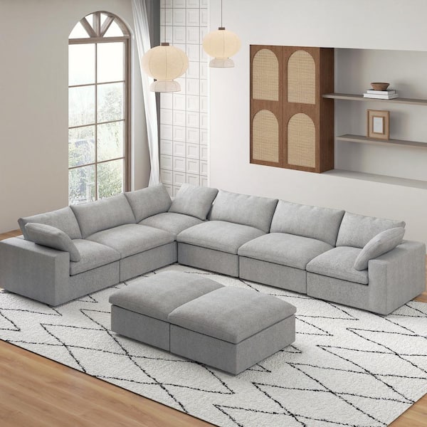 Magic Home 158 in. Square Arm 8-Piece Linen Modular Sectional Sofa Corner Cloud Couch with Ottoman in Gray