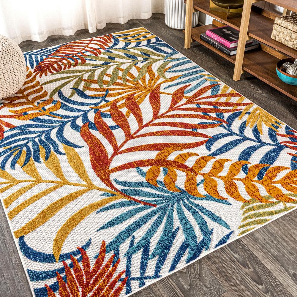 Cream and Orange Palm Leaves Synthetic 4' x 6' Area Rug