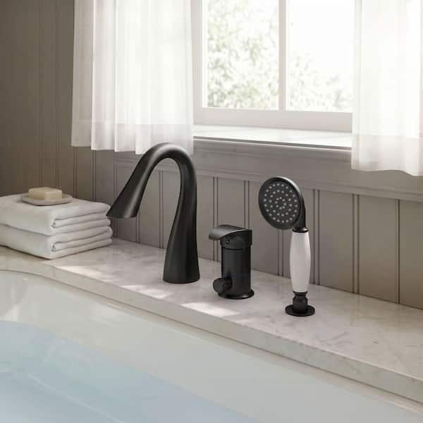 Luxury 1 Handle Deck Mounted Roman Tub Faucet Waterfall Bathtub Faucet with Handheld Shower 2.8 GPM in Matte Black