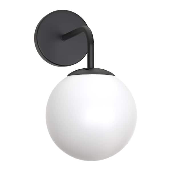 Emeritpro 5.91 in. 1-Light Matte Black Modern Globe Wall Sconce with Frosted Opal Glass Shade for Hallways and Living Rooms