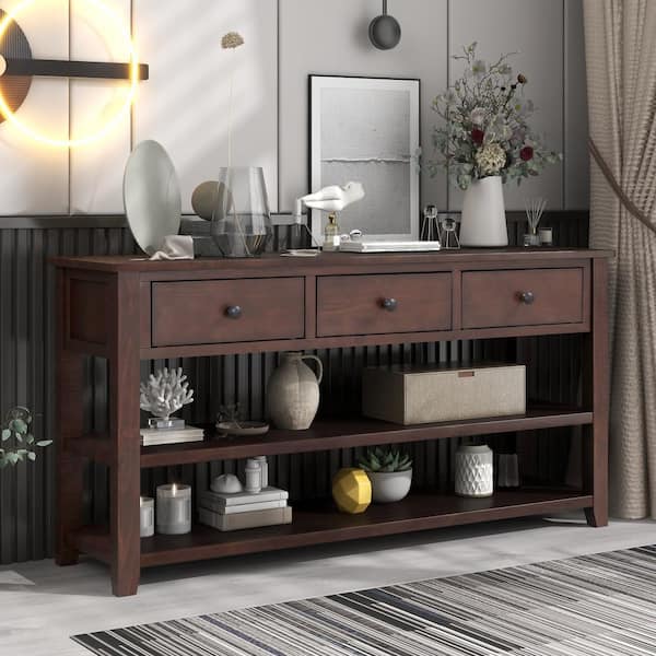 URTR 50 in.Espresso Rectangle Wood Long Console Table with Drawers and  2-Tier Shelves, 3 Drawers Sofa Table T-01240-P - The Home Depot