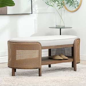 Panama White Natural Wood Storage Entryway Dining Bench with Rattan 45.5 in.