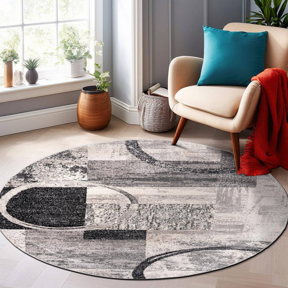 Cream and Gray Abstract Round Synthetic Area Rug